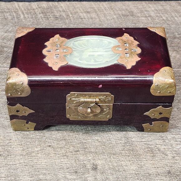 Accessories - Vtg Chinese Wood Jewelry Keepsake Box Carved Jade Inlay w/brass 6.75" x 3.5"